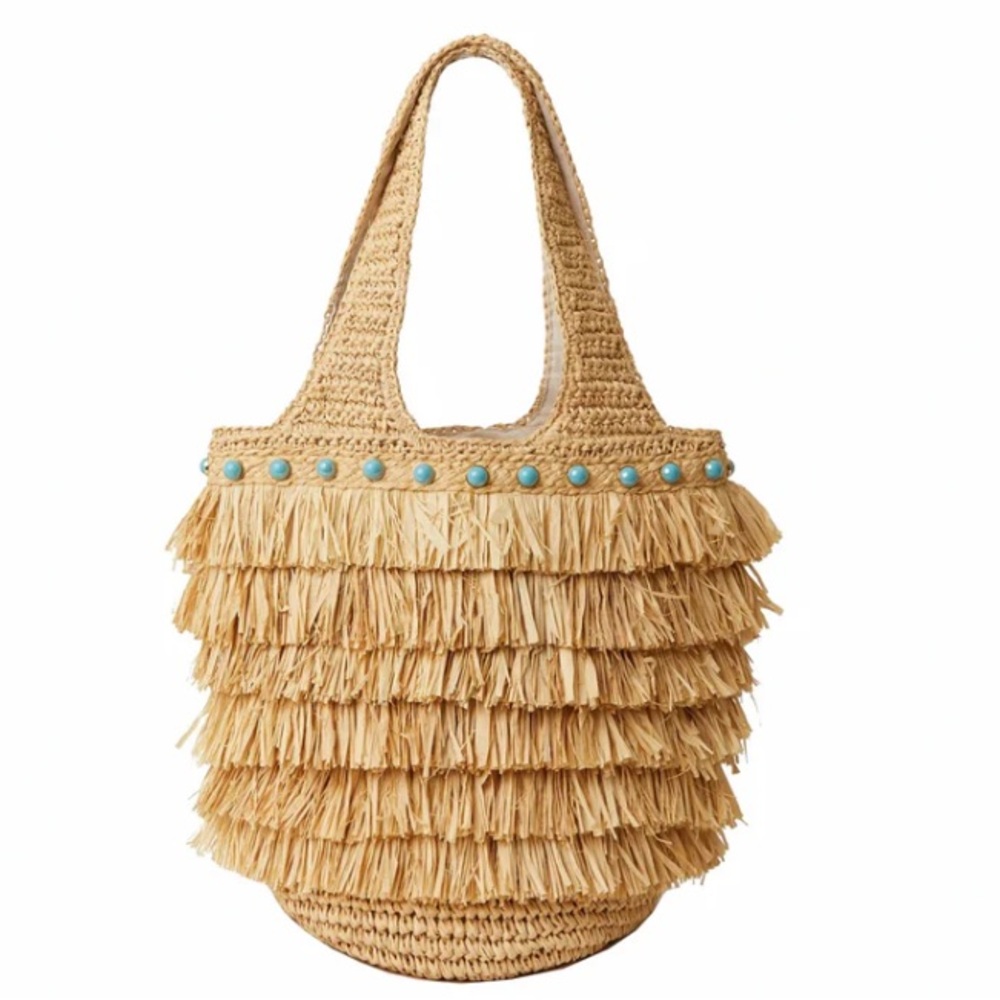 Nwot BTB LOS ANGELES  moxi fringe hobo turquoise embellished Straw Bag